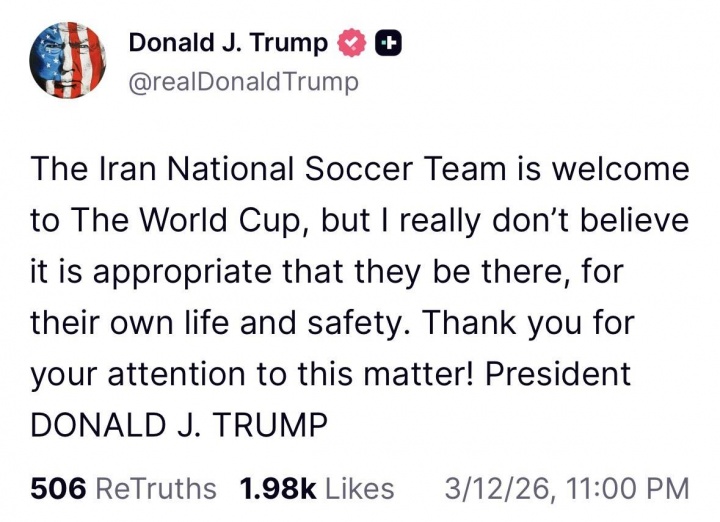v体育-特朗普:欢迎伊朗参加世界杯,但为了生命安全不建议他们参加